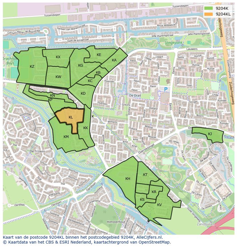 Afbeelding van het postcodegebied 9204 KL op de kaart.