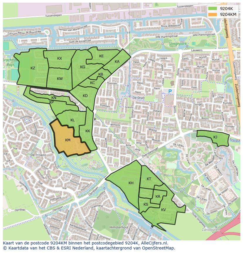 Afbeelding van het postcodegebied 9204 KM op de kaart.