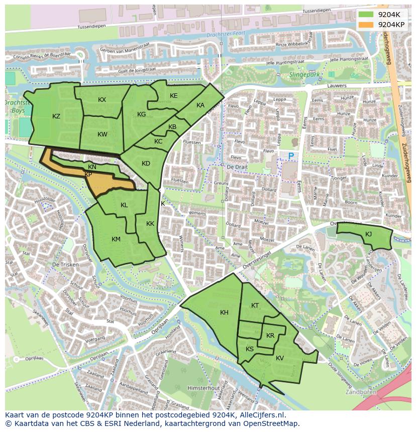 Afbeelding van het postcodegebied 9204 KP op de kaart.
