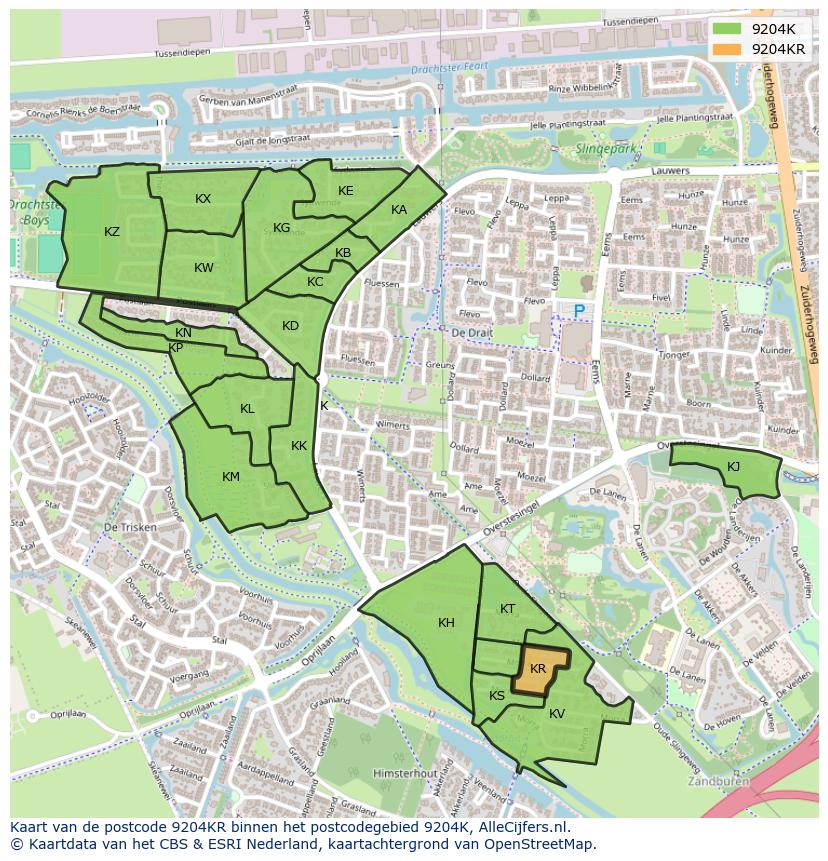 Afbeelding van het postcodegebied 9204 KR op de kaart.