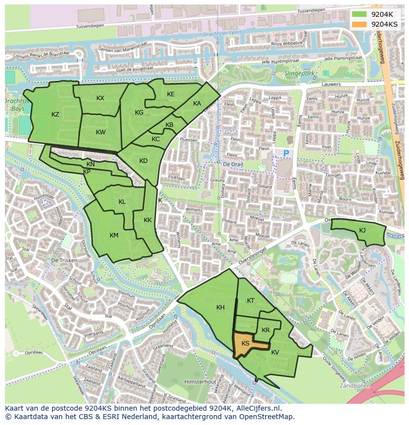 Afbeelding van het postcodegebied 9204 KS op de kaart.