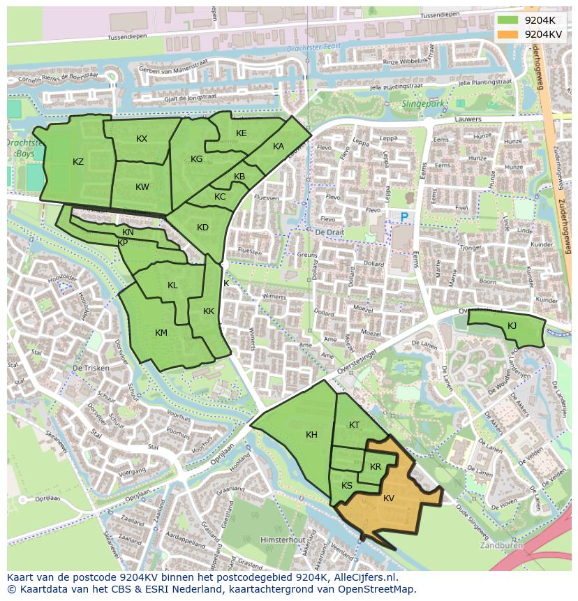 Afbeelding van het postcodegebied 9204 KV op de kaart.