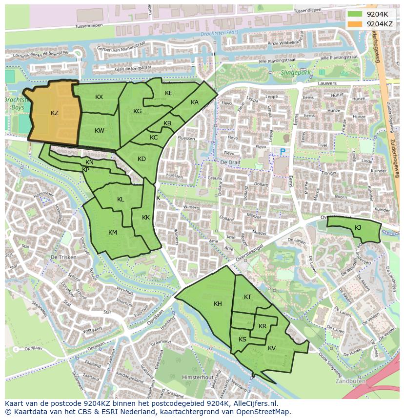 Afbeelding van het postcodegebied 9204 KZ op de kaart.
