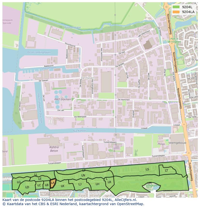 Afbeelding van het postcodegebied 9204 LA op de kaart.