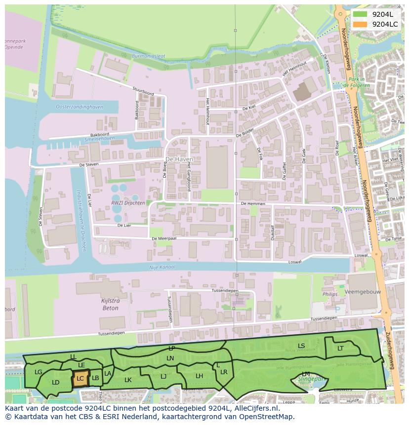 Afbeelding van het postcodegebied 9204 LC op de kaart.