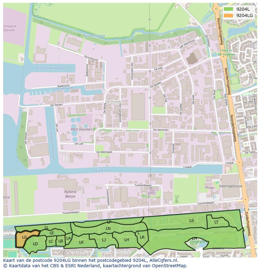 Afbeelding van het postcodegebied 9204 LG op de kaart.