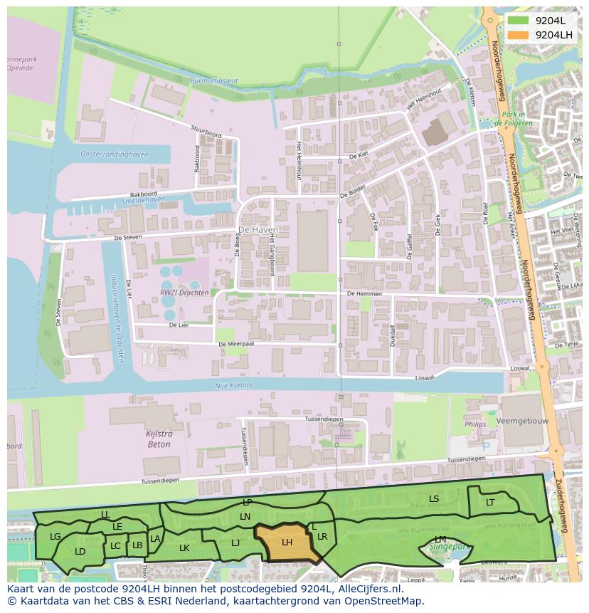 Afbeelding van het postcodegebied 9204 LH op de kaart.