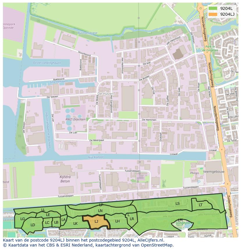 Afbeelding van het postcodegebied 9204 LJ op de kaart.