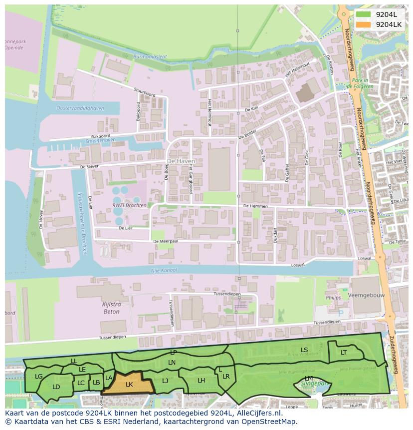 Afbeelding van het postcodegebied 9204 LK op de kaart.
