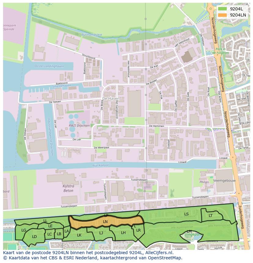 Afbeelding van het postcodegebied 9204 LN op de kaart.