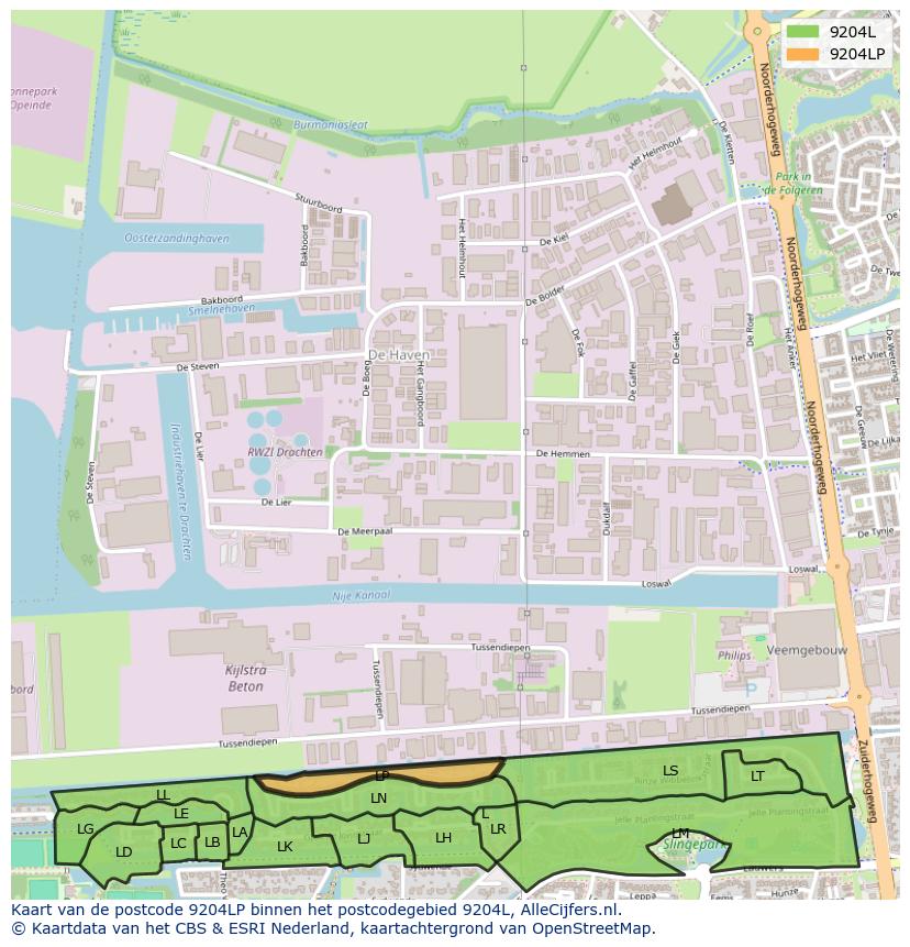 Afbeelding van het postcodegebied 9204 LP op de kaart.