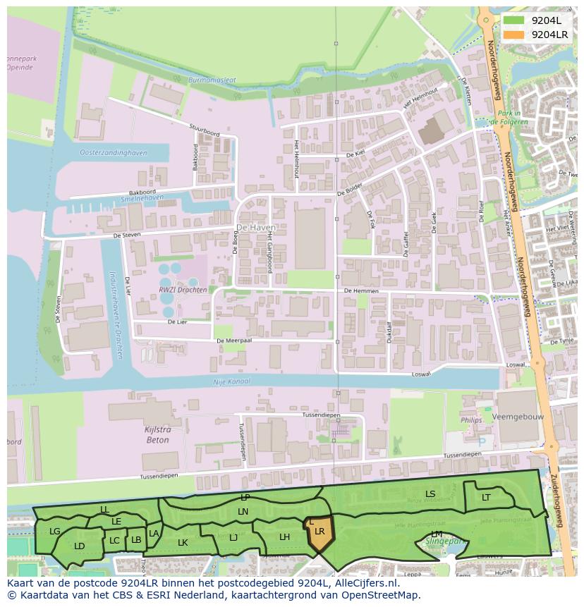 Afbeelding van het postcodegebied 9204 LR op de kaart.