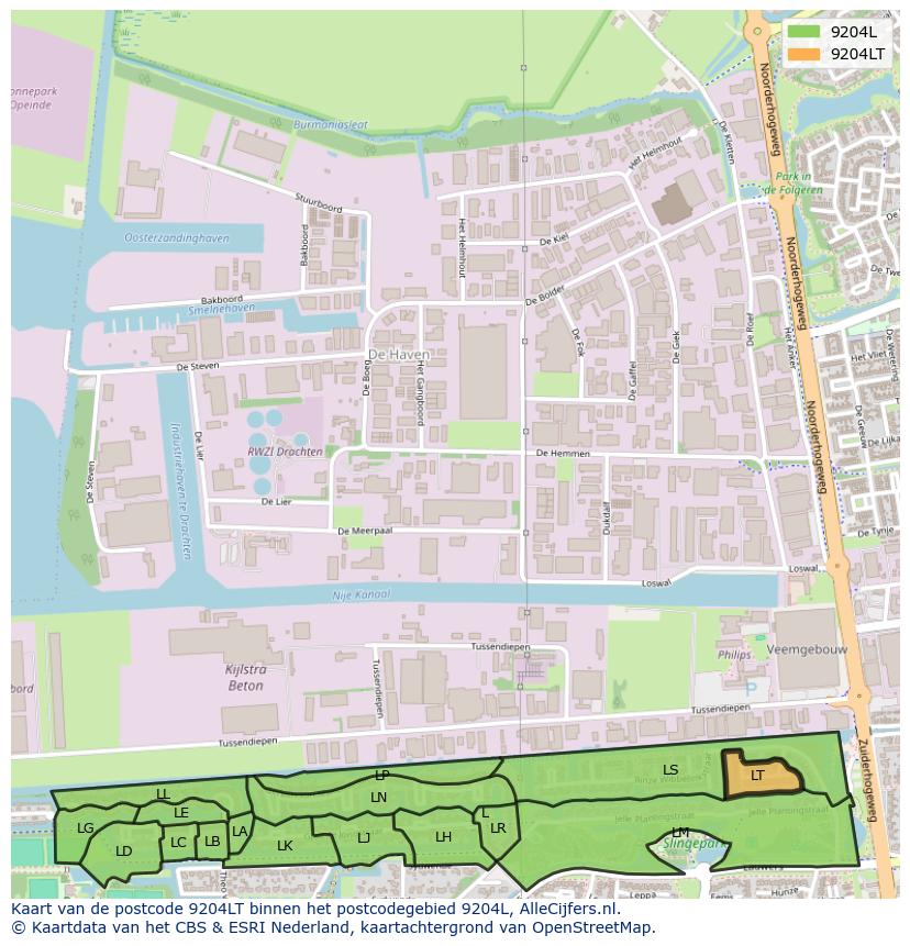 Afbeelding van het postcodegebied 9204 LT op de kaart.