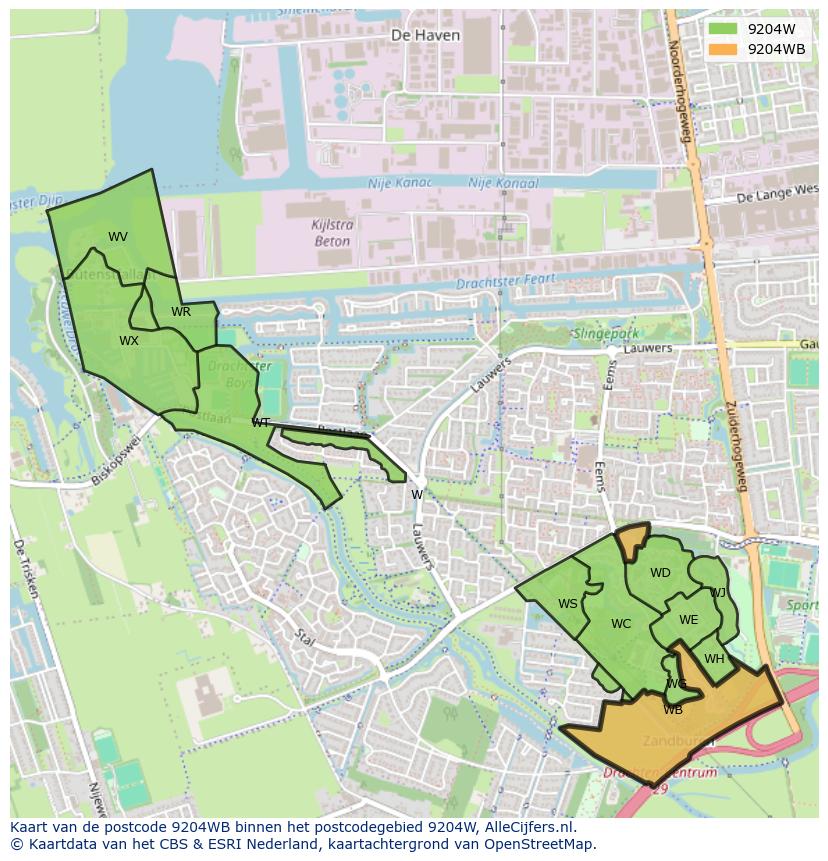 Afbeelding van het postcodegebied 9204 WB op de kaart.