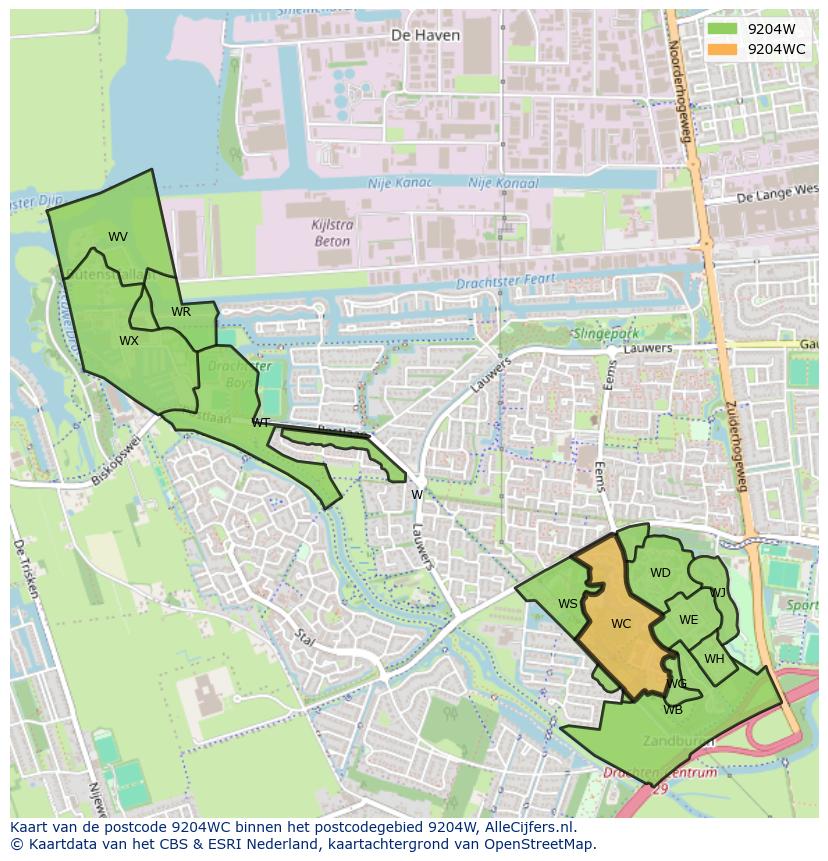 Afbeelding van het postcodegebied 9204 WC op de kaart.