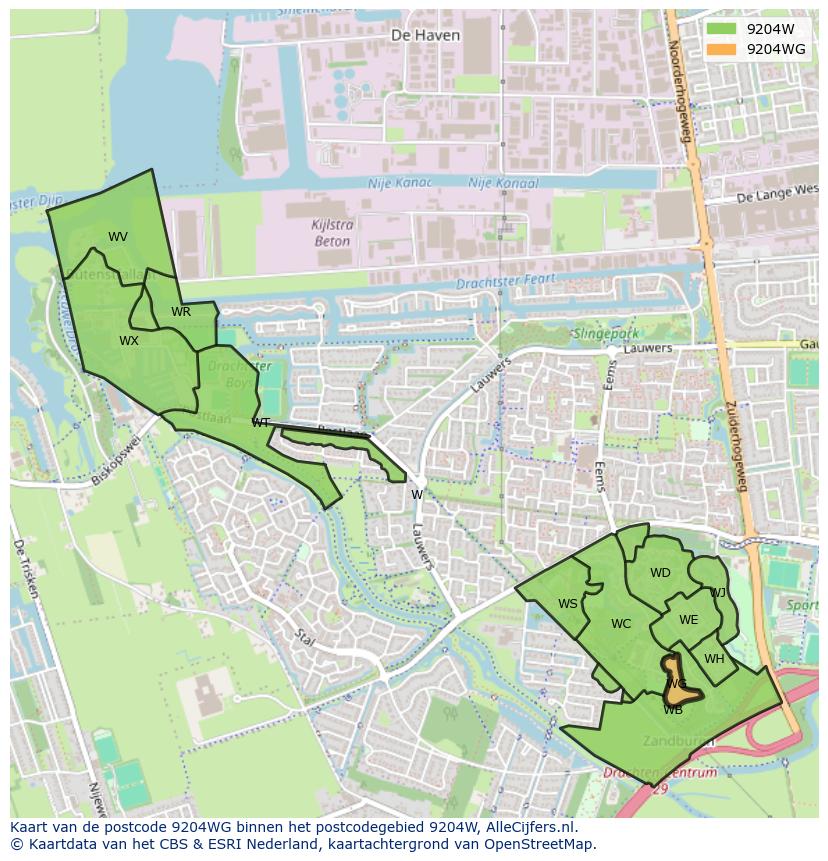 Afbeelding van het postcodegebied 9204 WG op de kaart.