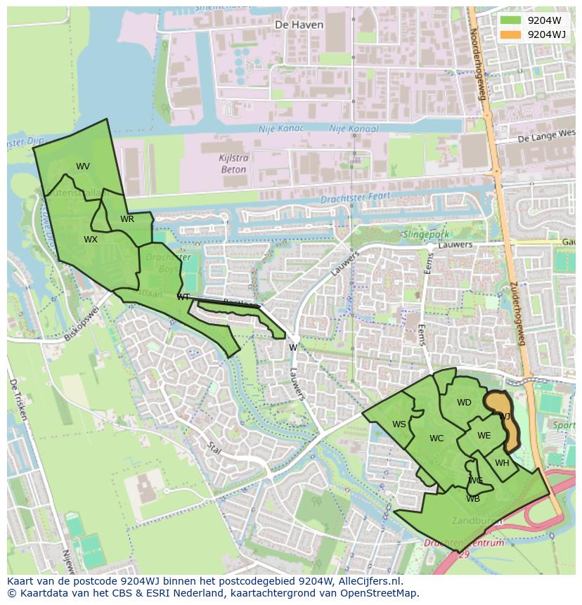 Afbeelding van het postcodegebied 9204 WJ op de kaart.