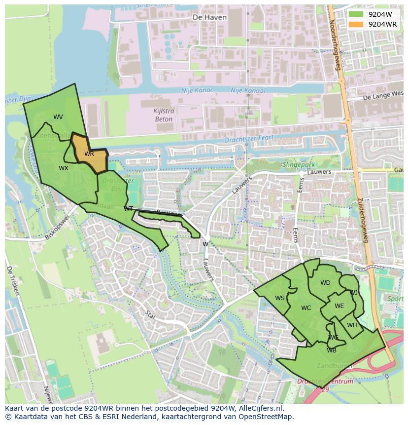 Afbeelding van het postcodegebied 9204 WR op de kaart.