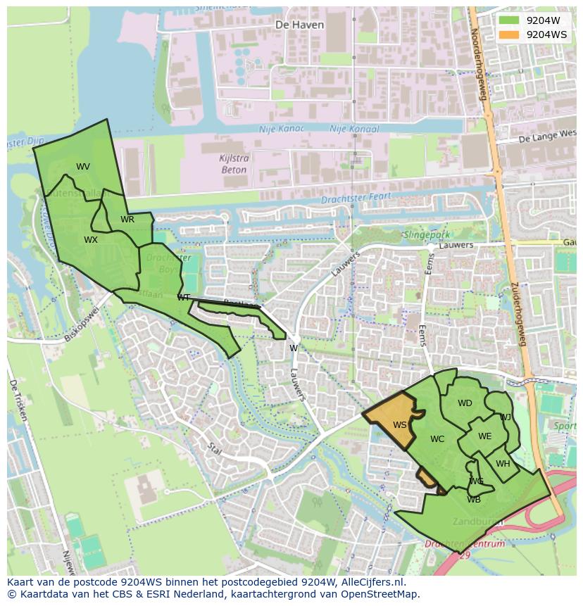 Afbeelding van het postcodegebied 9204 WS op de kaart.