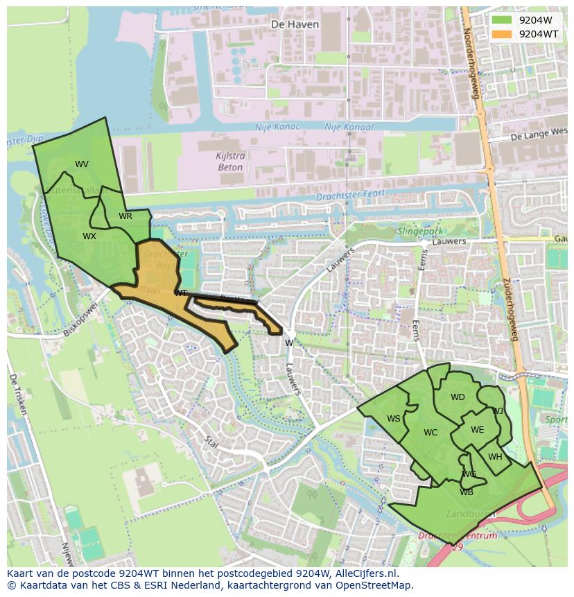 Afbeelding van het postcodegebied 9204 WT op de kaart.