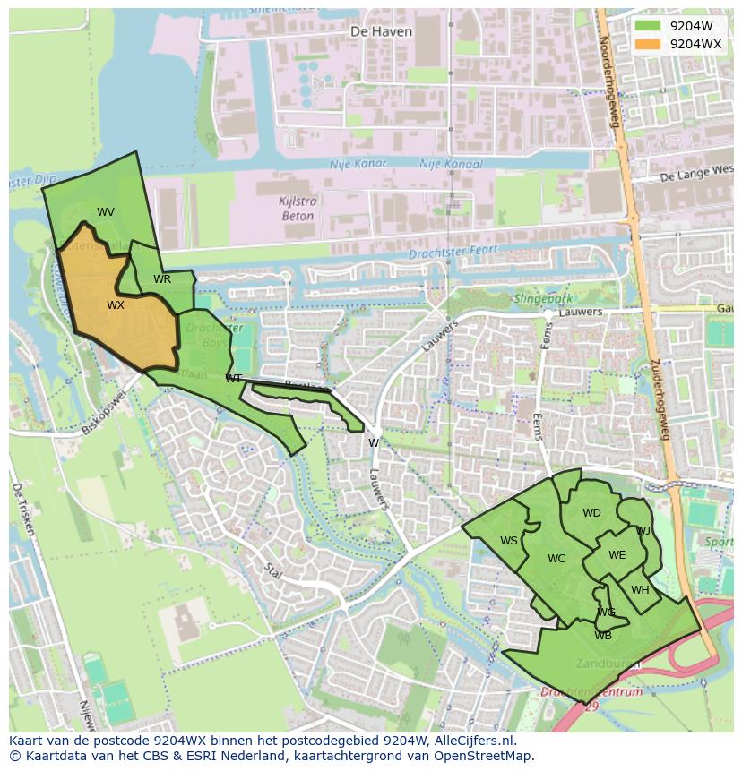 Afbeelding van het postcodegebied 9204 WX op de kaart.
