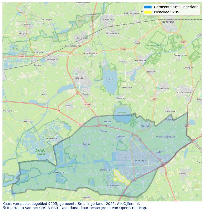 Afbeelding van het postcodegebied 9205 op de kaart.