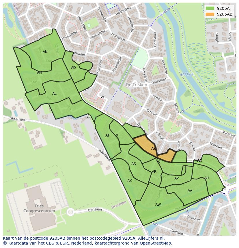 Afbeelding van het postcodegebied 9205 AB op de kaart.