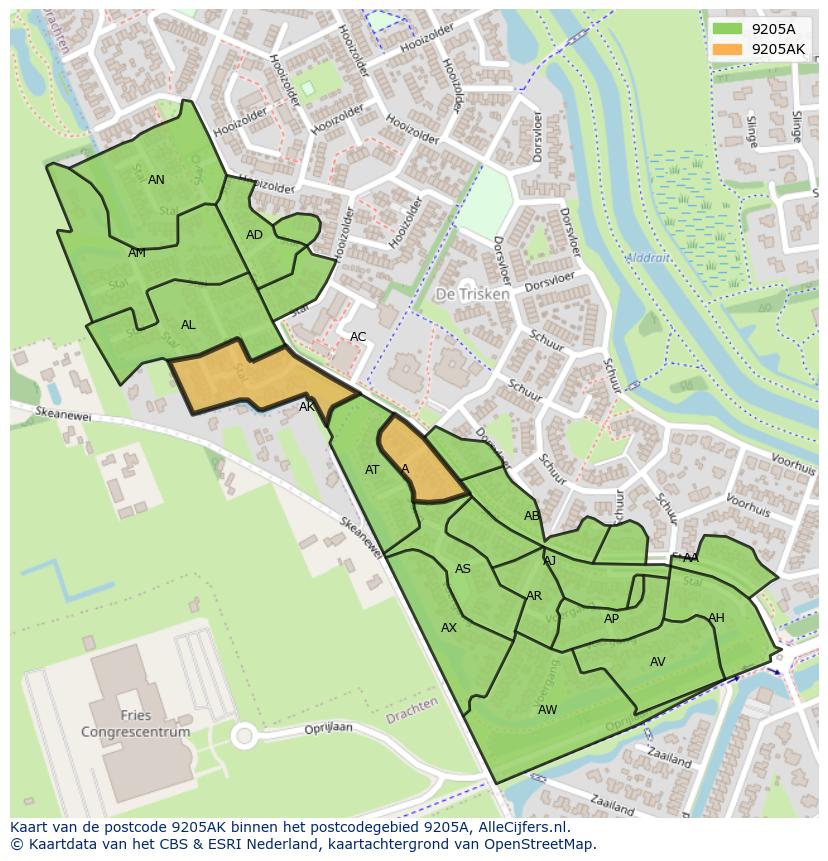 Afbeelding van het postcodegebied 9205 AK op de kaart.