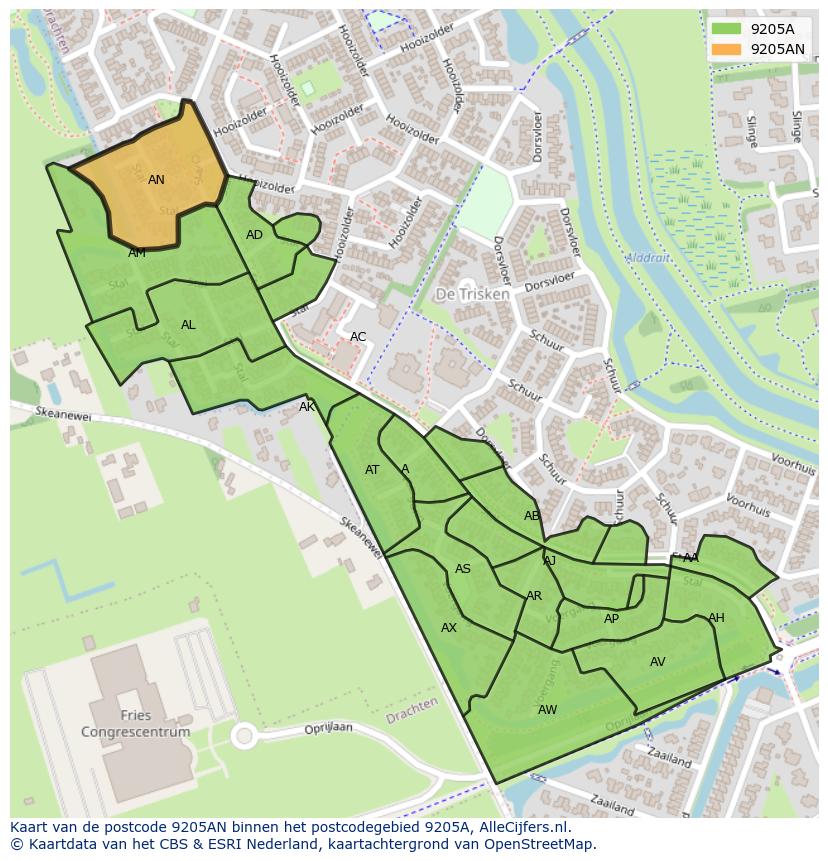 Afbeelding van het postcodegebied 9205 AN op de kaart.