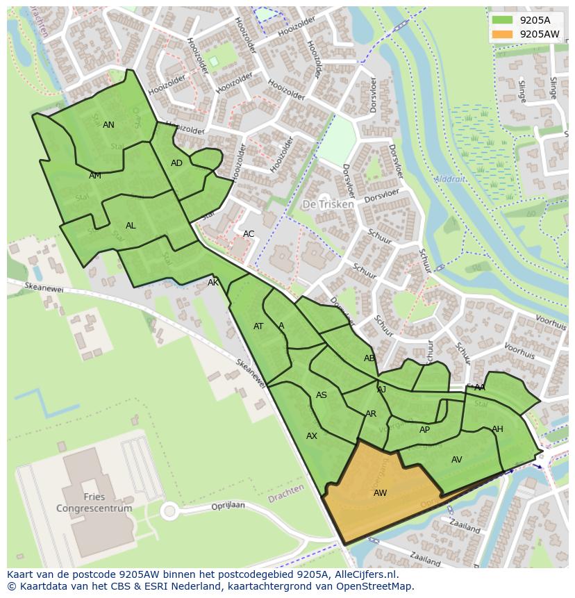 Afbeelding van het postcodegebied 9205 AW op de kaart.