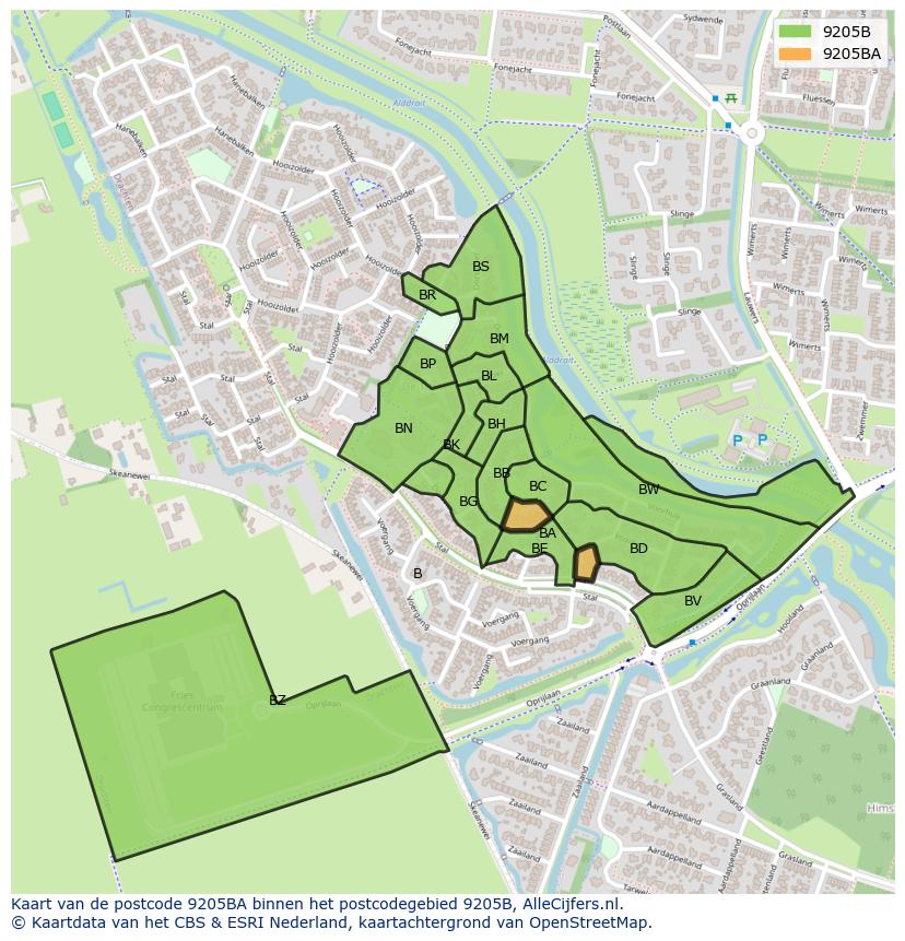 Afbeelding van het postcodegebied 9205 BA op de kaart.