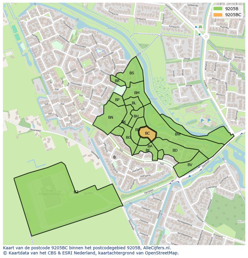 Afbeelding van het postcodegebied 9205 BC op de kaart.