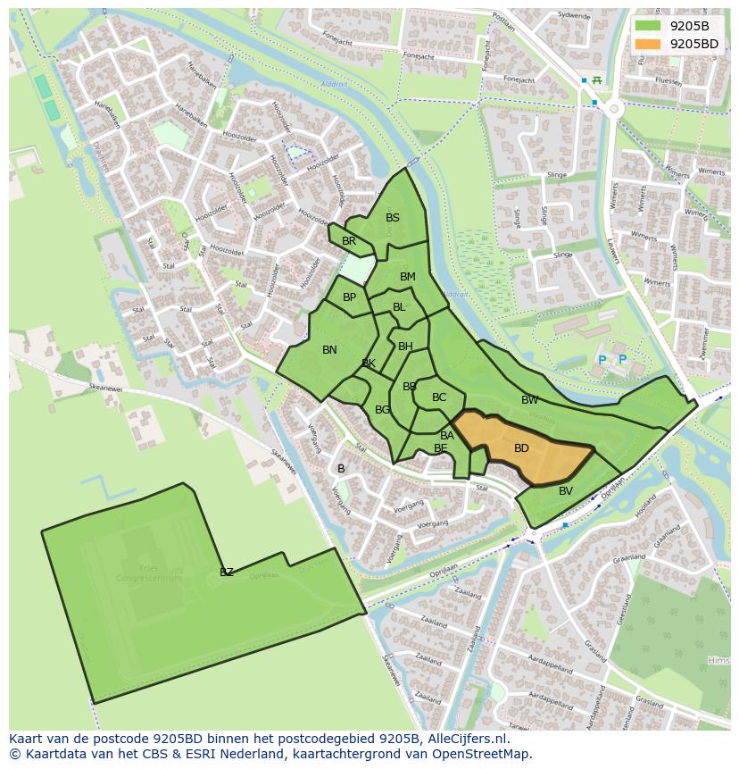 Afbeelding van het postcodegebied 9205 BD op de kaart.