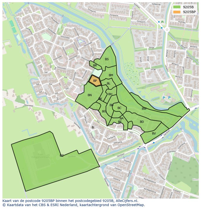 Afbeelding van het postcodegebied 9205 BP op de kaart.