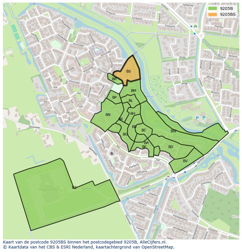 Afbeelding van het postcodegebied 9205 BS op de kaart.