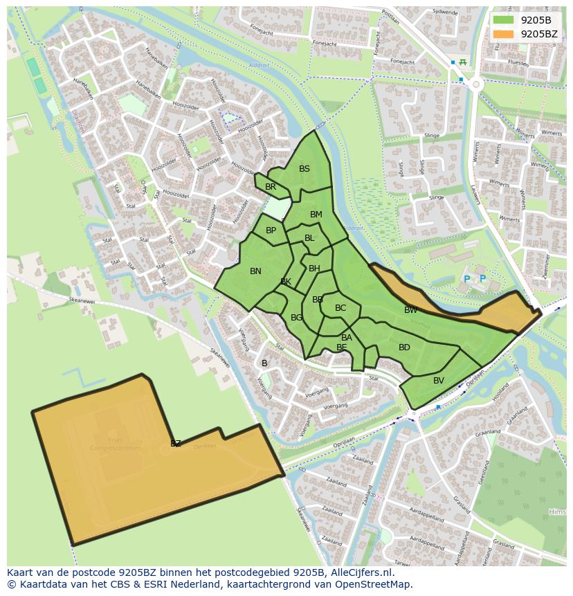 Afbeelding van het postcodegebied 9205 BZ op de kaart.