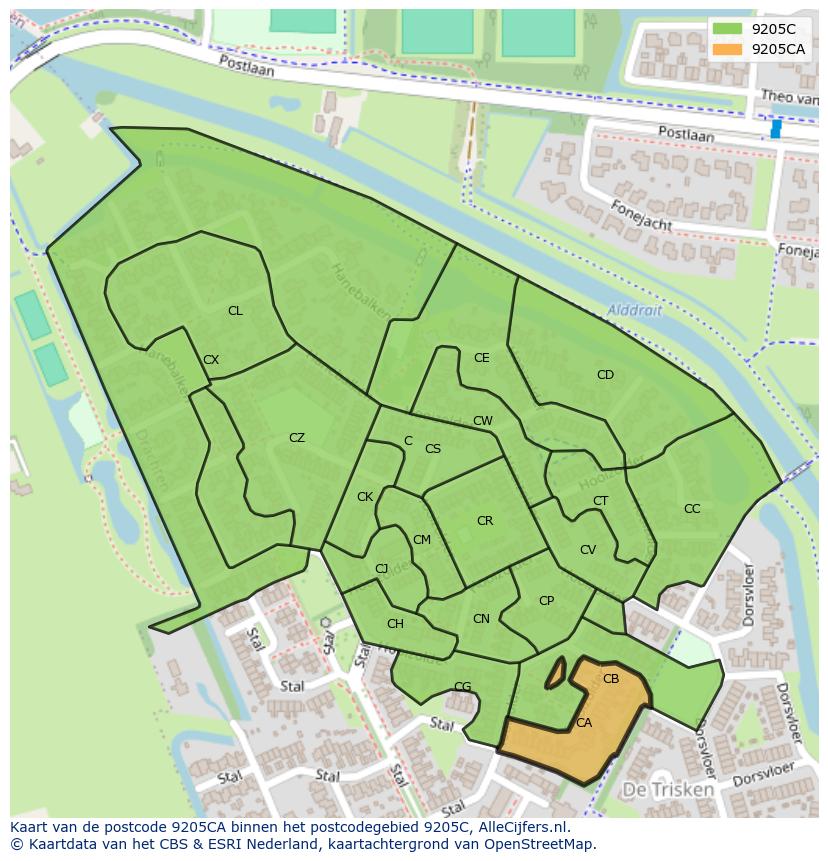 Afbeelding van het postcodegebied 9205 CA op de kaart.