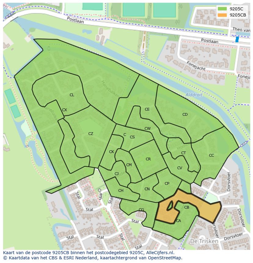 Afbeelding van het postcodegebied 9205 CB op de kaart.