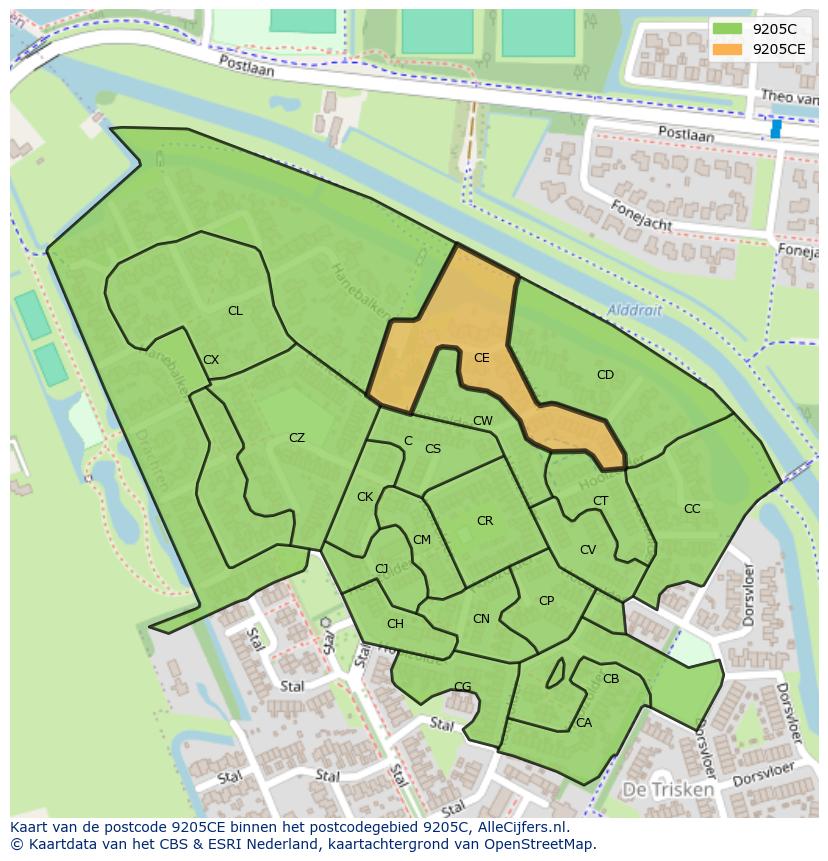 Afbeelding van het postcodegebied 9205 CE op de kaart.