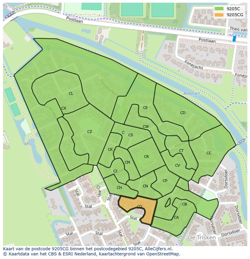 Afbeelding van het postcodegebied 9205 CG op de kaart.