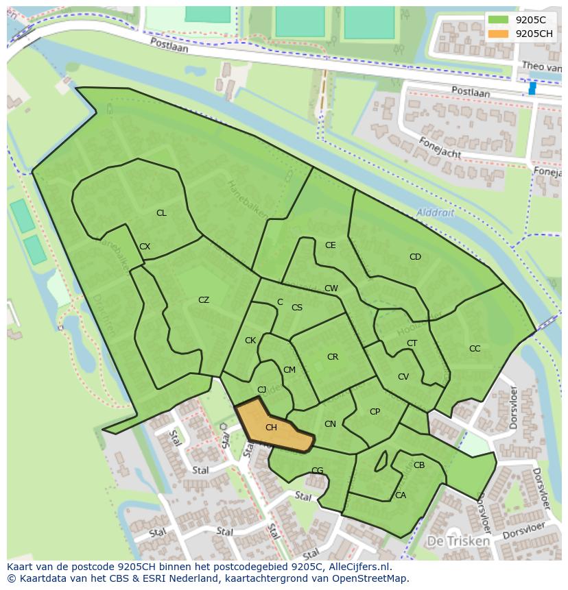 Afbeelding van het postcodegebied 9205 CH op de kaart.