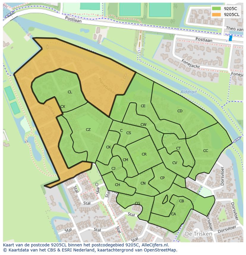 Afbeelding van het postcodegebied 9205 CL op de kaart.