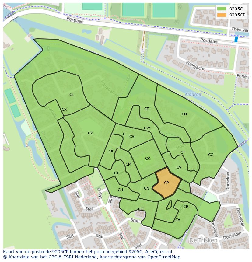 Afbeelding van het postcodegebied 9205 CP op de kaart.
