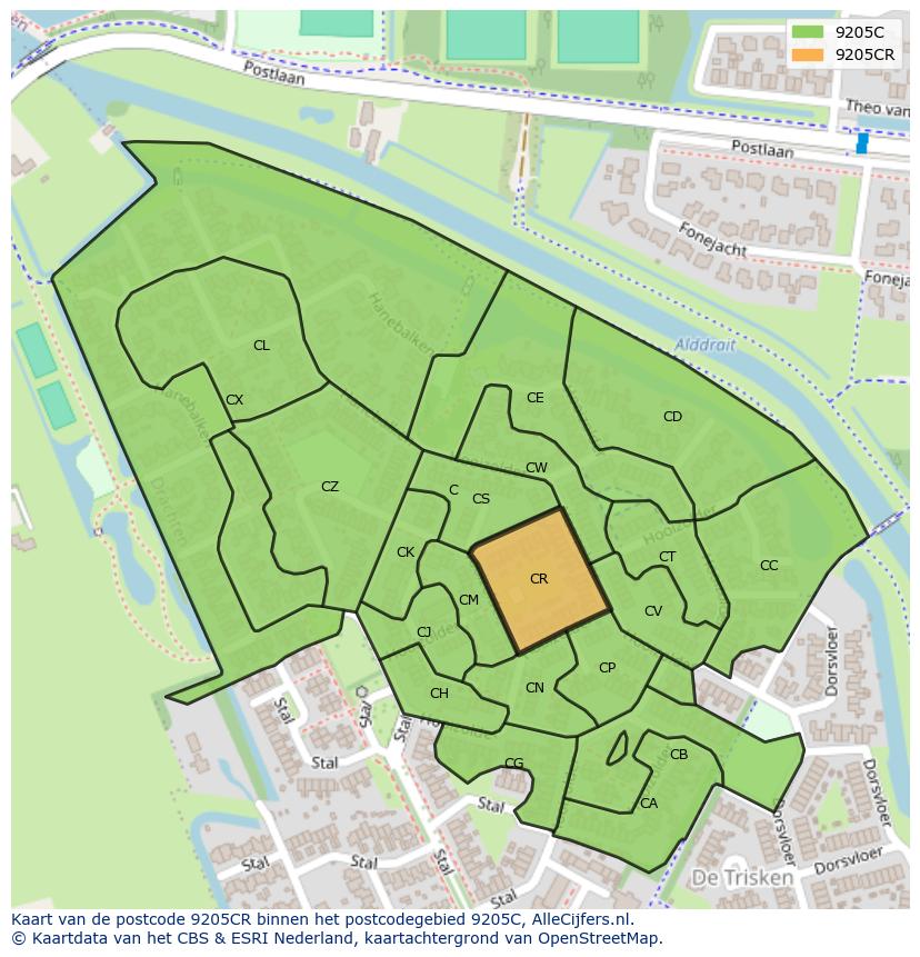 Afbeelding van het postcodegebied 9205 CR op de kaart.