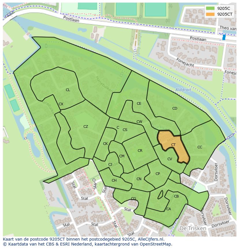 Afbeelding van het postcodegebied 9205 CT op de kaart.