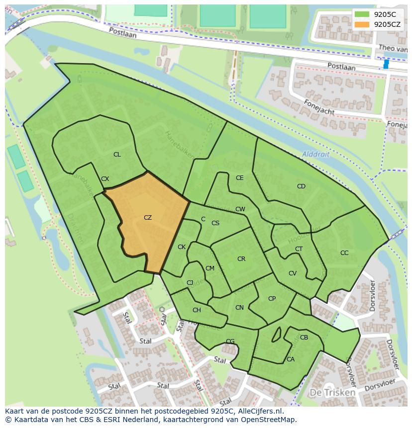 Afbeelding van het postcodegebied 9205 CZ op de kaart.