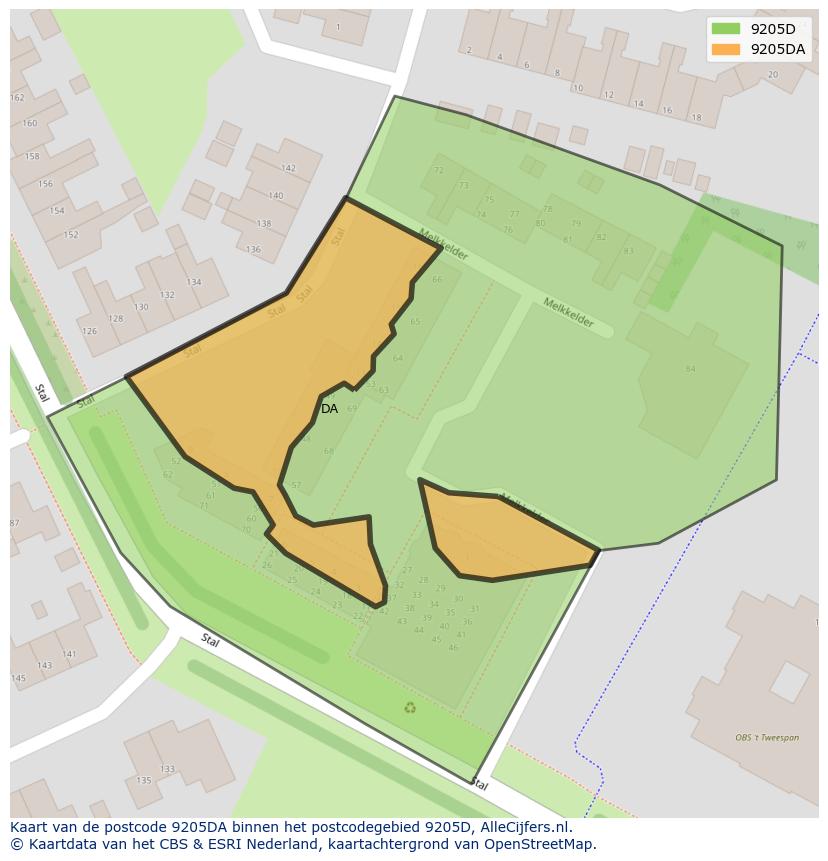 Afbeelding van het postcodegebied 9205 DA op de kaart.