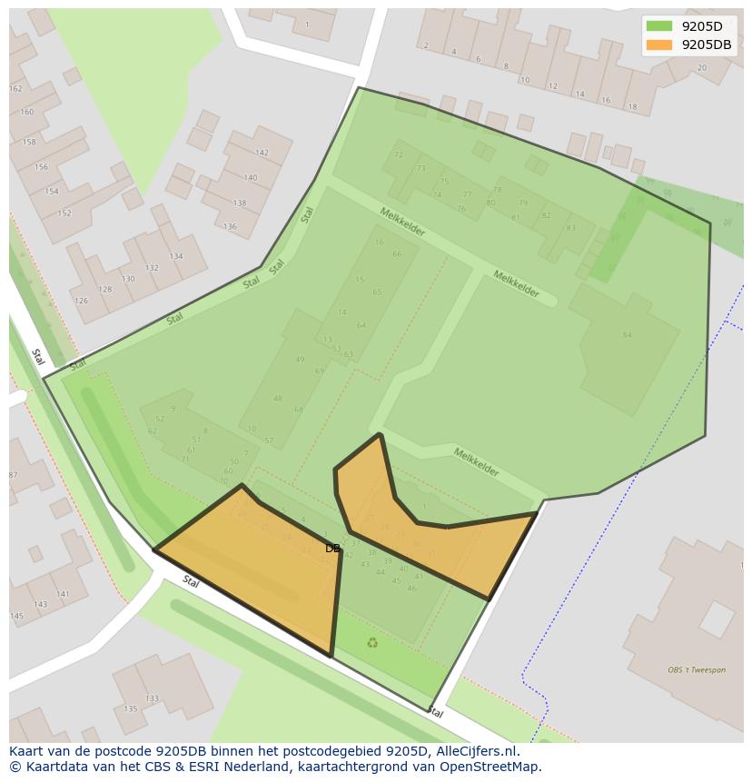 Afbeelding van het postcodegebied 9205 DB op de kaart.