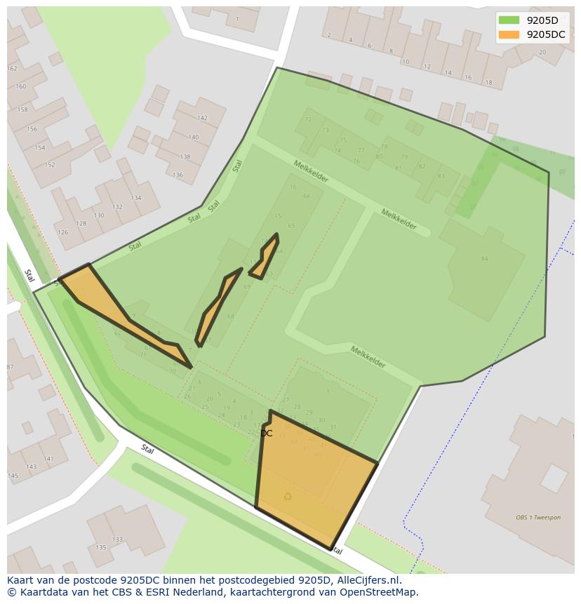 Afbeelding van het postcodegebied 9205 DC op de kaart.