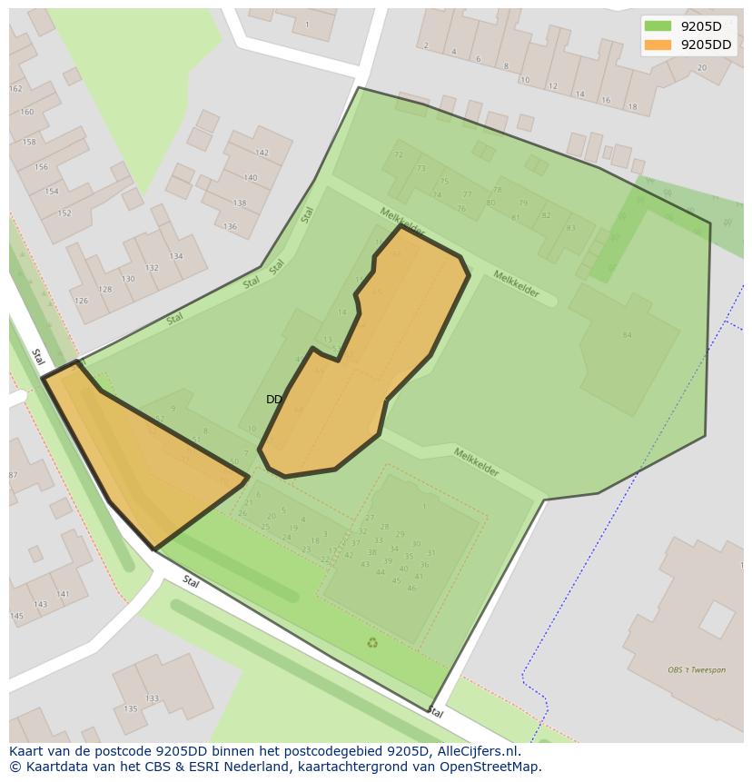 Afbeelding van het postcodegebied 9205 DD op de kaart.